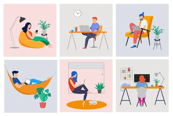 Otthoni munka, coworking tér, koncepció illusztráció. Fiatalok, férfi és nő szabadúszók, akik otthon dolgoznak. Vektor lapos stílusú illusztráció — Stock Vector