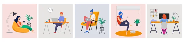 Trabalho em casa, espaço de coworking, ilustração conceitual. Jovens, homens e mulheres freelancers que trabalham em casa. Ilustração em estilo plano vetorial — Vetor de Stock