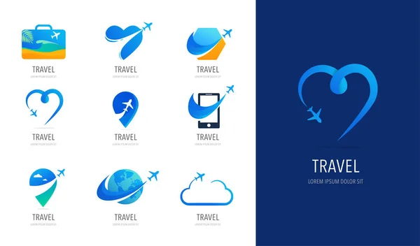 Viagens, design de logotipo da agência de turismo, ícones e símbolos —  Vetores de Stock