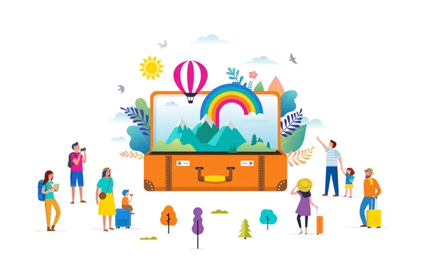 Travel, tourism, adventure scene with open suitcase, leaves, rainbow and miniature people, modern flat style. Vector illustration — Stock Vector