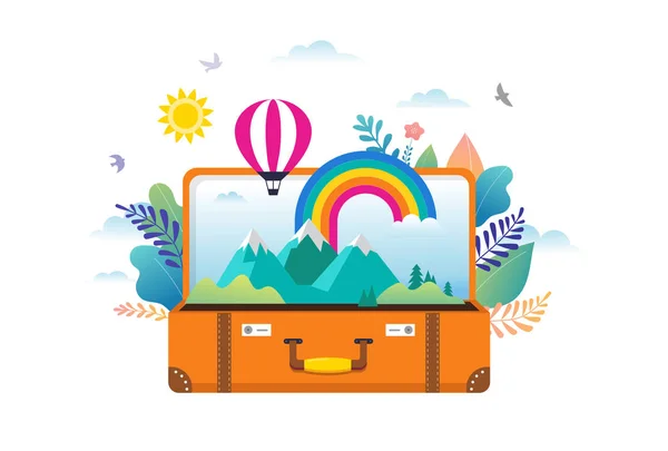 Viajes, turismo, escena de aventura con maleta abierta, hojas, arco iris y gente en miniatura, estilo plano moderno. Ilustración vectorial — Vector de stock