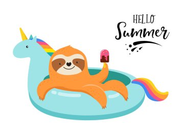 Tek boynuzlu at yüzme havuzu üzerinde sevimli tembellik ile yaz eğlenceli illüstrasyon yüzer. Kavram vektör çizimleri, arka plan