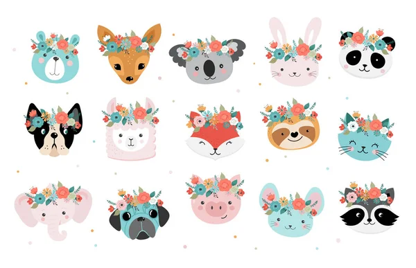 Çiçek taç ile Sevimli tilki kafaları, kreş için vektör dikişsiz desen tasarımı, poster, doğum günü tebrik kartları