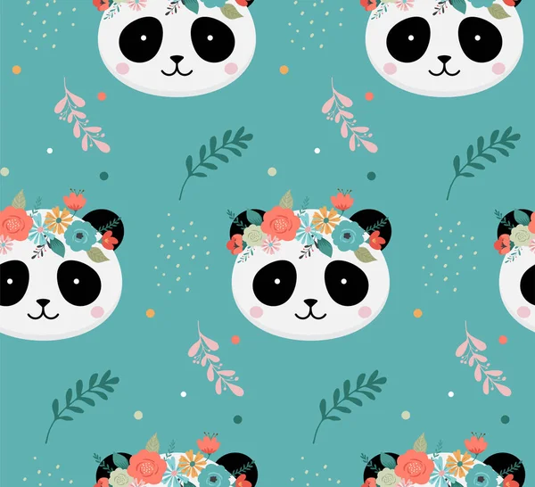 Cabezas de panda lindo con corona de flores, diseño de patrón sin costuras vector para vivero, cartel, tarjeta de felicitación de cumpleaños — Archivo Imágenes Vectoriales