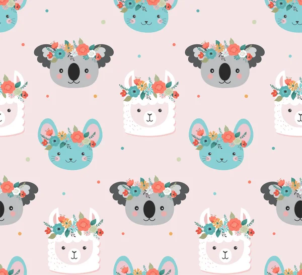 Schattig Koala, Lama en muis hoofden met bloem kroon, Vector naadloze patroon ontwerp voor kleuter, poster, verjaardag wenskaart — Stockvector