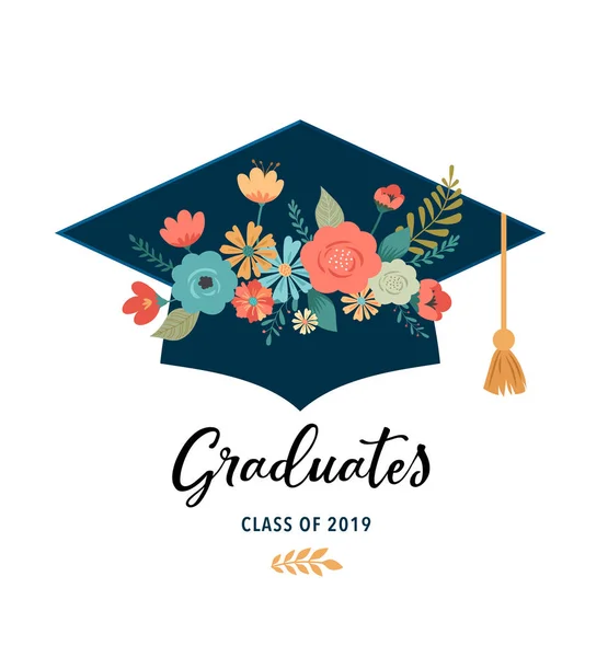 2019 mezuniyet sınıfı. Beyaz arka planda şapkalar ve çiçekler. Vektör illüstrasyonu, pankart tasarımı — Stok Vektör