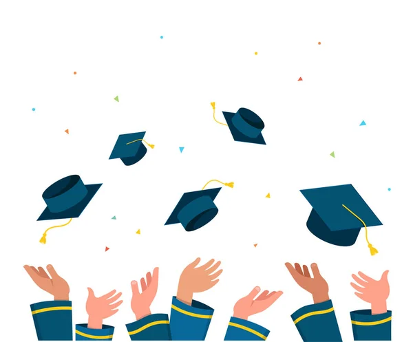 Graduate class of 2019. Caps and confetti on a white background. Hats thrown up, vector illustration, banner design — Stock Vector