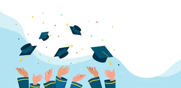 Graduate class of 2019. Bonés e confetes sobre um fundo branco. Chapéus jogados para cima, ilustração vetorial, design de banner —  Vetores de Stock