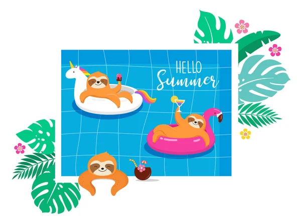 夏季有趣的插图与考拉和树懒的可爱字符，有乐趣。游泳池、大海和海滩夏季活动，概念矢量插图 — 图库矢量图片