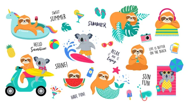 Sommar kul illustration med söta karaktärer av koalaer och sengångare, ha kul. Pool, hav och strand sommaraktiviteter, koncept vektor illustrationer — Stock vektor