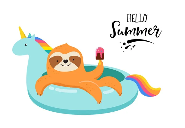Divertida ilustración de verano con lindo perezoso en flotador de piscina unicornio. Concepto vector ilustraciones, fondo — Vector de stock