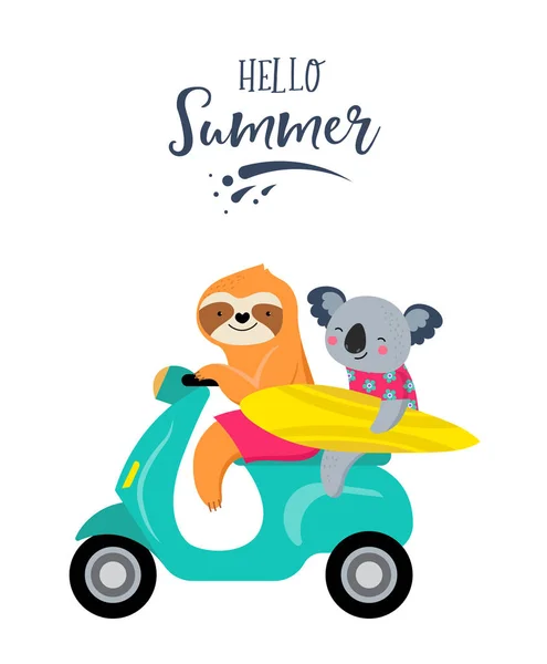 Ilustração divertida de verão com personagens bonitos de coalas e preguiças, se divertindo. Piscina, mar e praia atividades de verão, conceito de ilustrações vetoriais — Vetor de Stock