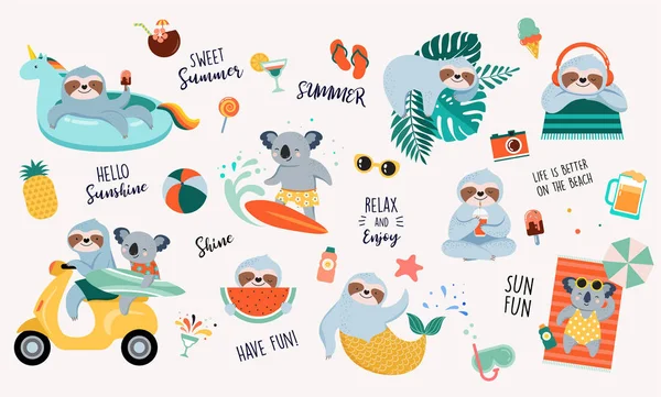 Illustrazione divertente estate con simpatici personaggi di koala e bradipi, divertirsi. Piscina, mare e spiaggia attività estive, illustrazioni vettoriali concetto — Vettoriale Stock