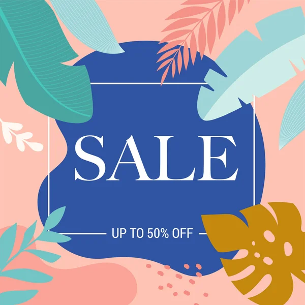 Zomer Sale poster met Tropic bladeren en Flamingo, banner en achtergrond in moderne platte stijl. Vector illustratie — Stockvector