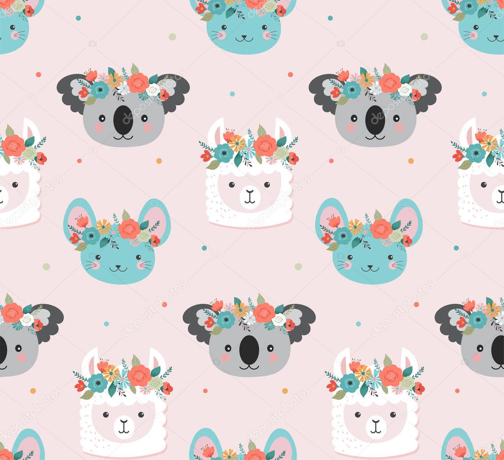Cute koala, llama and mouse heads with flower crown, vector seamless pattern design for nursery, poster, birthday greeting card