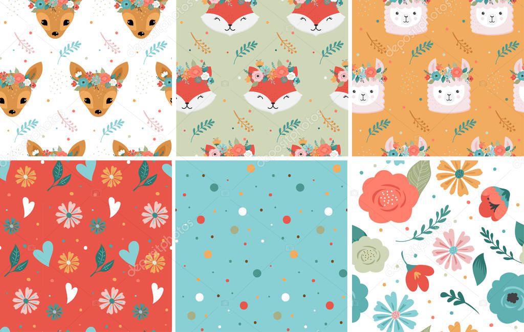 Cute animals heads with flower crown, vector seamless pattern design for nursery, poster, birthday greeting cards. Panda, llama, fox, coala, cat, dog, racoon and bunny