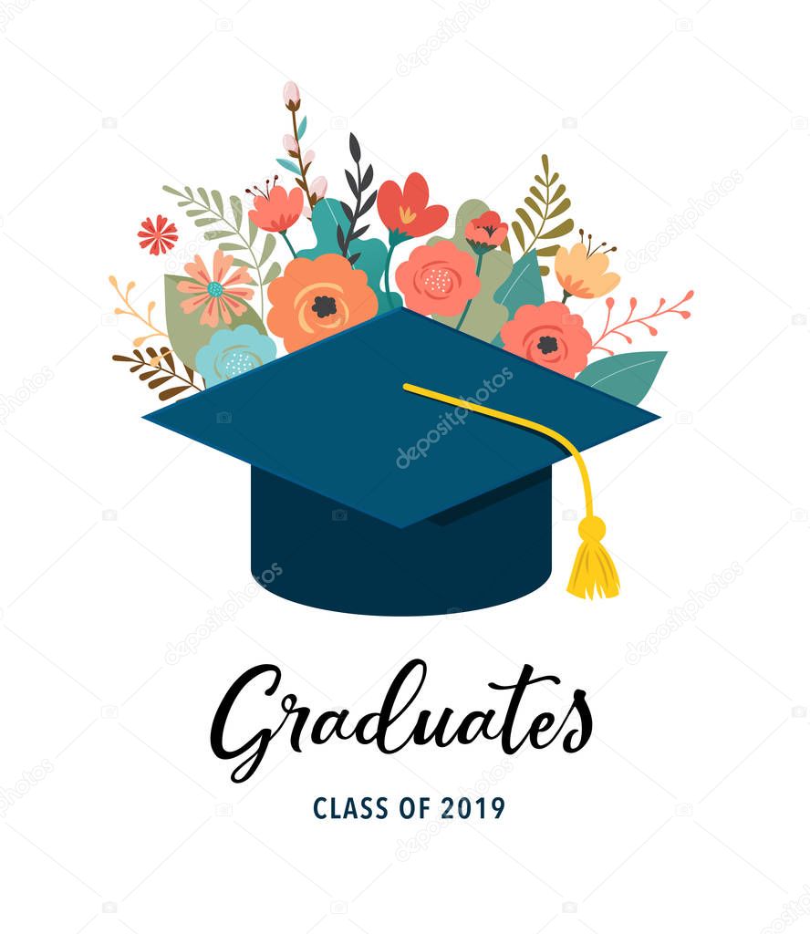 Graduate class of 2019. Caps and flowers on a white background. Vector illustration, banner design