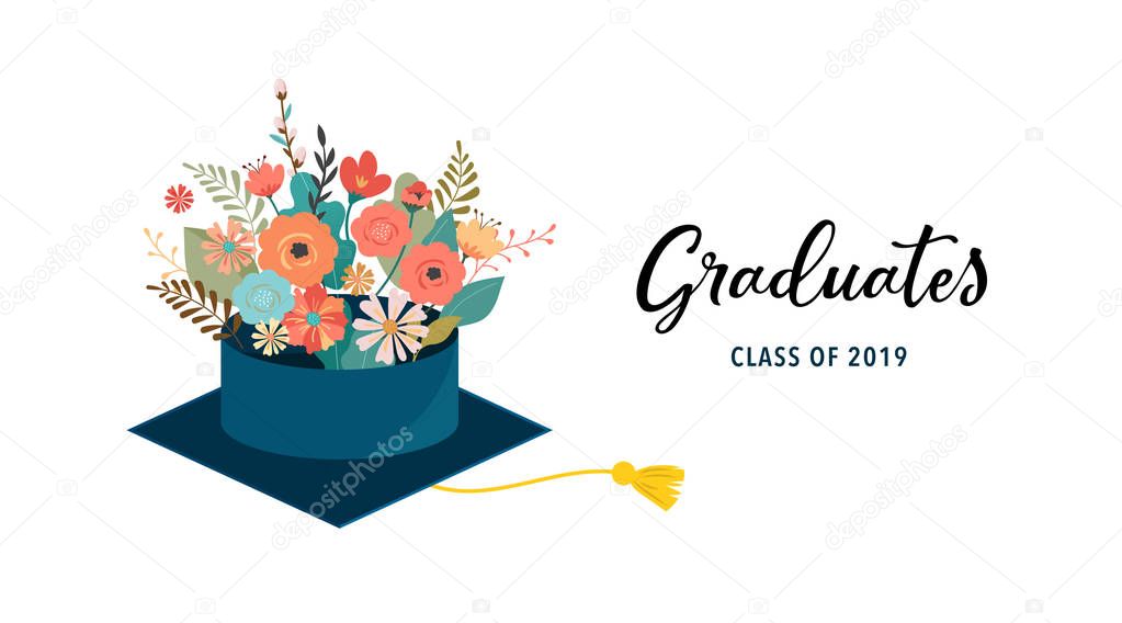 Graduate class of 2019. Caps and flowers on a white background. Vector illustration, banner design