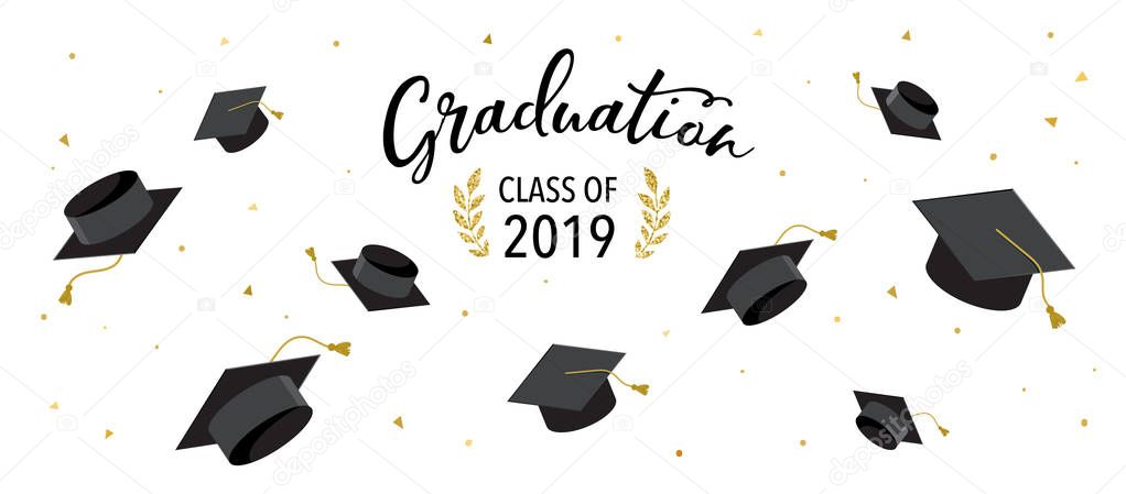 Graduate class of 2019. Caps and confetti on a white background. Hats thrown up, vector illustration, banner template design
