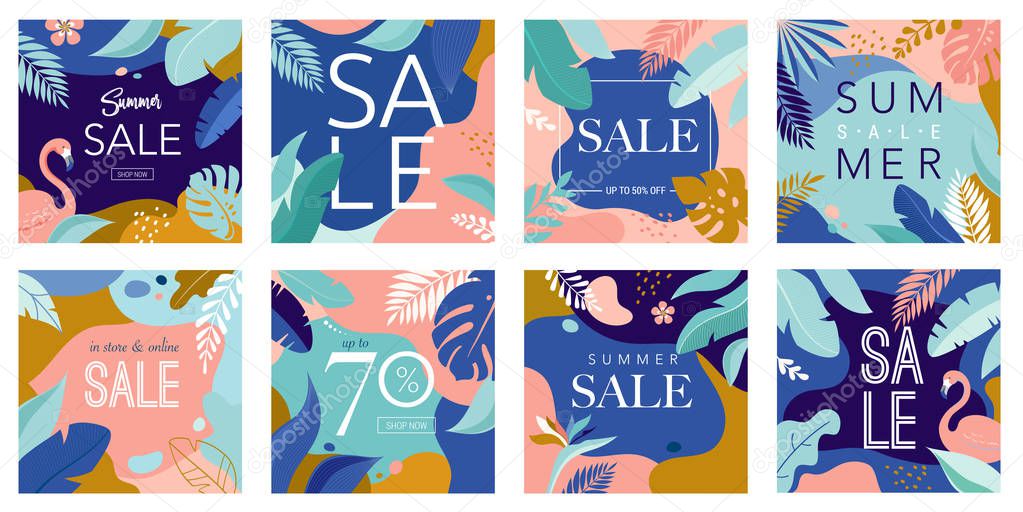 Summer Sale poster with tropic leaves and flamingo, banner and background in modern flat style. Vector illustration