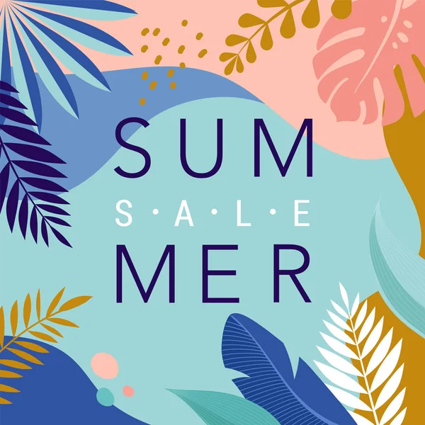 Cartel de venta de verano con hojas tropicales y flamenco, pancarta y fondo en estilo plano moderno. Ilustración vectorial — Vector de stock