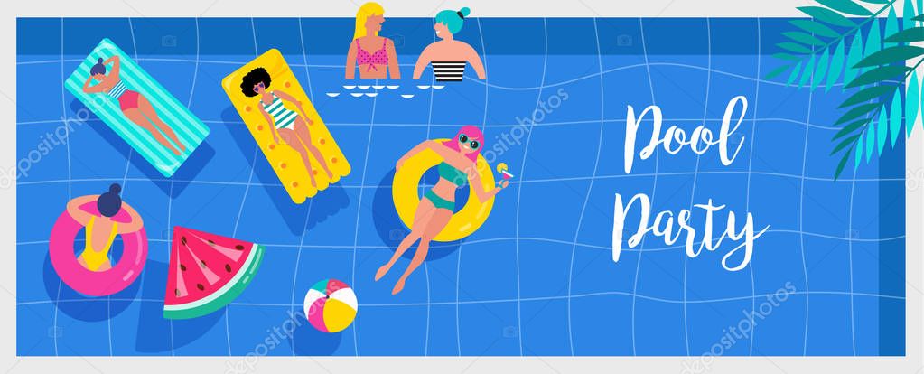Pool party invitation, background and banner with miniature people swimming and having fun on the pool. Vector illustration