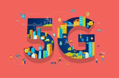 5g Düz vektör illüstrasyon. Akıllı şehirde mobil cihazları olan kişiler