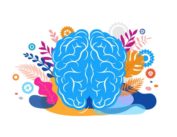 Ilustración del concepto de cerebro, mente y atención plena. Fondo vectorial y póster con hojas y naturaleza — Vector de stock