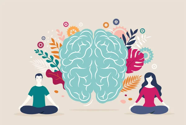 Young woman and man sit with crossed legs and meditate with brain icon on the background. Vector illustration — 스톡 벡터