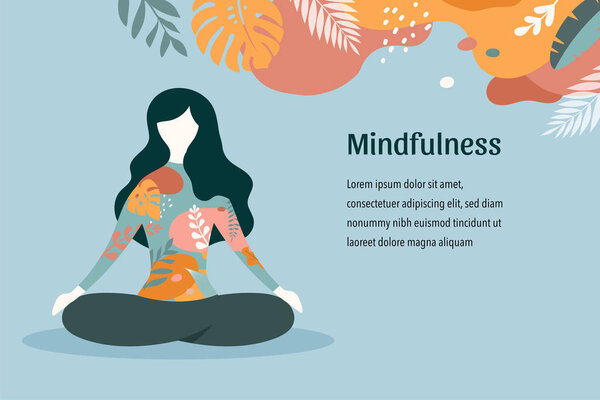 Памятование, медитация и йога фон в пастельных винтажных цветах - женщины сидят со скрещенными ногами и медитируют. Векторная иллюстрация
