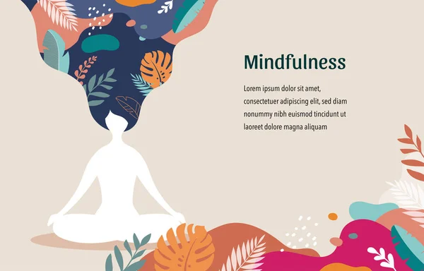 Mindfulness, meditación y fondo de yoga en colores pastel vintage - mujeres sentadas con las piernas cruzadas y meditando. Ilustración vectorial — Archivo Imágenes Vectoriales