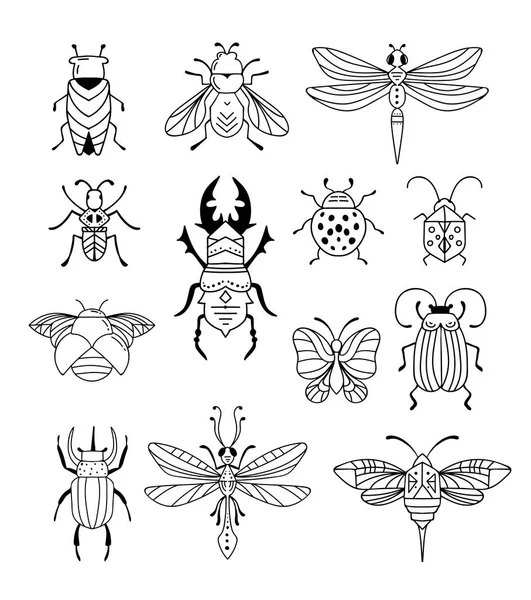 バグ、昆虫、蝶、テントウムシ、カブトムシ、アゲハ、トンボ コレクション。アイコン、シンボル、イラストの近代的なセット — ストックベクタ