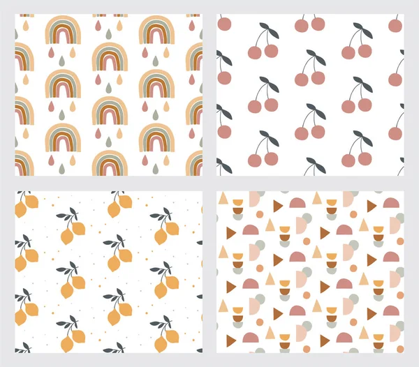 Baby en kinderen naadloze patronen met regenboog, citroenen, ijsjes, sterren en harten. Vector ontwerp — Stockvector