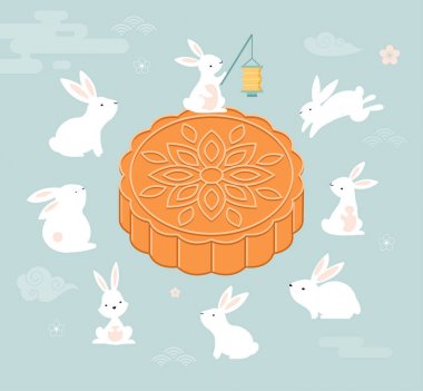 Sonbahar ın ortası festivali. Chuseok, Çince ifade çevirisi Sonbahar Ortası. Vektör afiş, arka plan ve mooncake, tavşan ve dolunay illüstrasyon ile poster