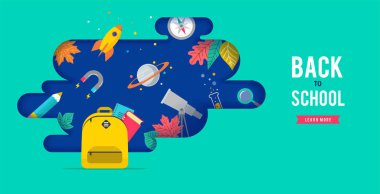 Okula geri dön, konuşma balonu ve birçok eğitim ikonları, elemanları ile sırt çantası. Vektör konsept tasarımı