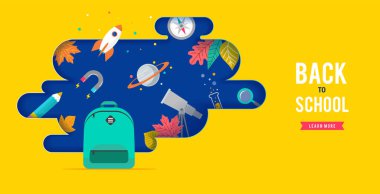 Okula geri dön, konuşma balonu ve birçok eğitim ikonları, elemanları ile sırt çantası. Vektör konsept tasarımı