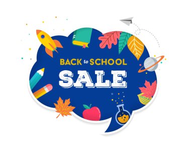 Okula geri dön, birçok eğitim ikonu, elemanla konuşma balonu. Vektör konsept tasarımı