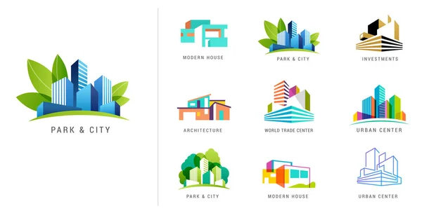 Logotipo inmobiliario, desarrollo de edificios, conjunto de logotipos, iconos y elementos — Vector de stock