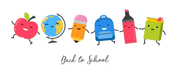 Okula geri dönersek, mutlu okul malzemeleri birlikte yürüyor ve atlıyor. — Stok Vektör