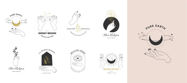 Coleção de logotipos de estilo fino, desenhado à mão e ícones de mãos. Esotérico, moda, cuidados com a pele e ilustrações de conceito de casamento. Projeto Vecor —  Vetores de Stock