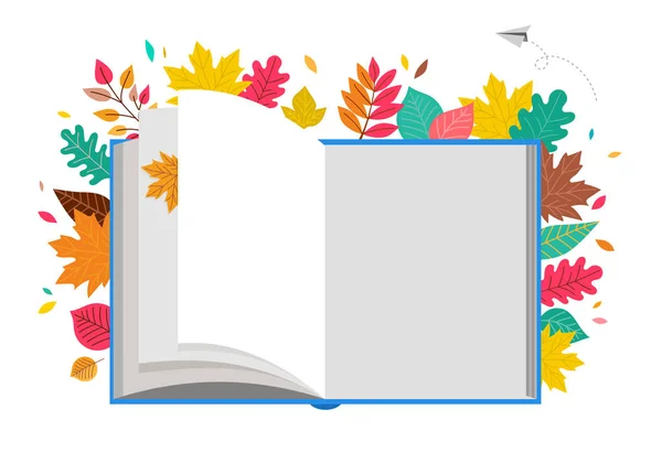Volver a la escena escolar con gran libro y otoño, hojas de otoño. Ilustración de vector de concepto universitario, escolar y universitario — Vector de stock