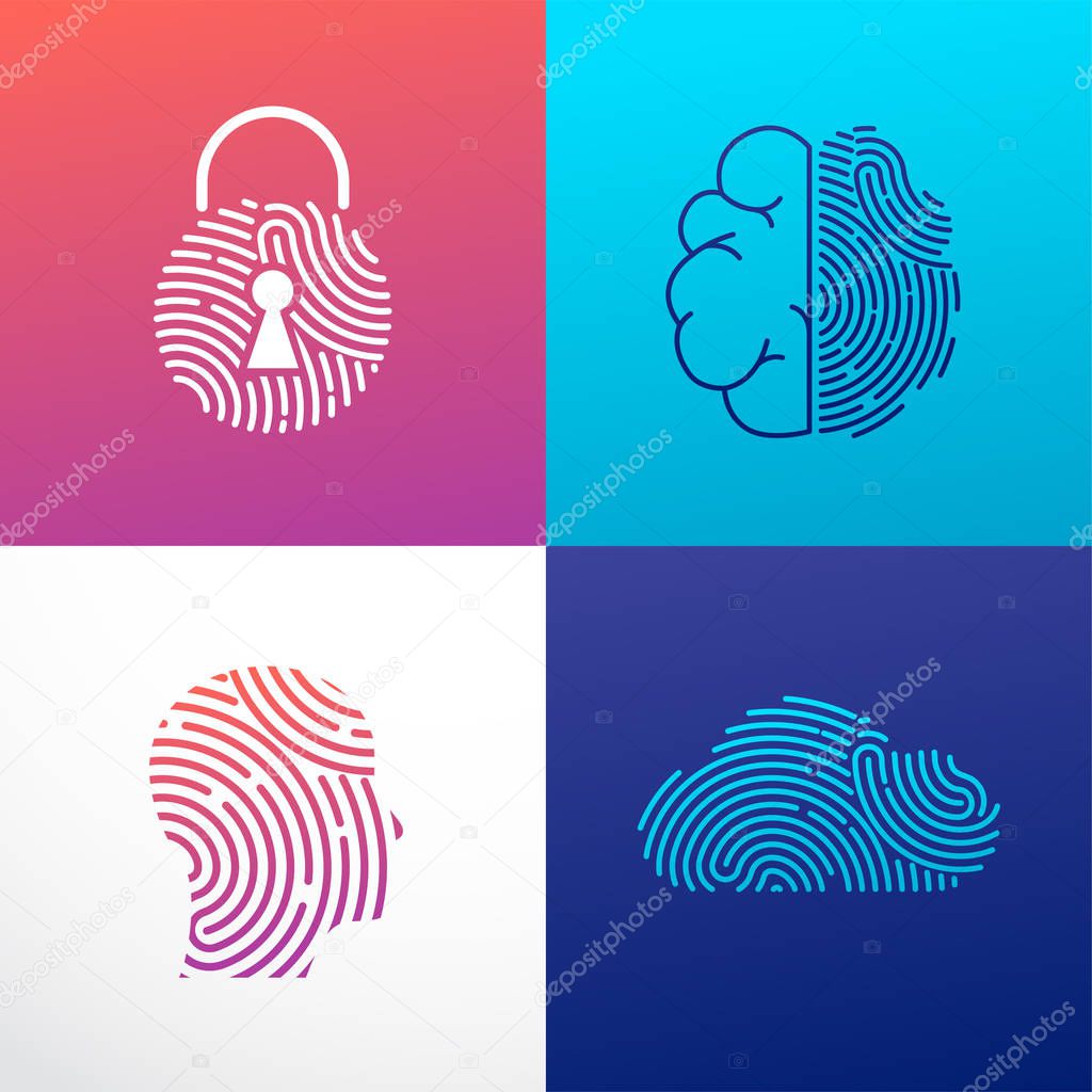 Fingerprint scan logo, privacy, cyber security ,identity information and network protection. Person head, brain, cloud and lock icons. Vector icon