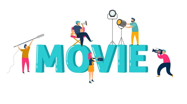 Movie concept, photo shot scene with various people - director, lightman, photographers holding a camera — Stock Vector