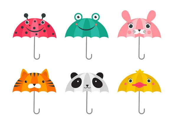 Συλλογή από διάφορες χαριτωμένες ομπρέλες με τα ζώα αντιμετωπίζει το σχεδιασμό. Panda, βάτραχος, πασχαλίτσα, τίγρης και γκόμενα αστεία πρόσωπα. — Διανυσματικό Αρχείο