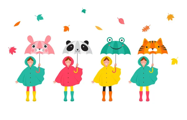 Φθινόπωρο, φθινόπωρο σκηνή με διάφορα χαριτωμένα παιδιά, αγόρια και κορίτσια σε πολύχρωμα αδιάβροχα που διασκεδάζουν, παίζοντας με τα φύλλα του φθινοπώρου, κρατώντας μια αστεία ομπρέλες. — Διανυσματικό Αρχείο