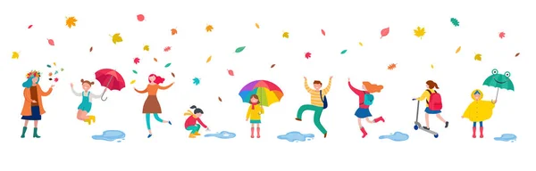 Autumn, fall scene with various cute people, families and children having fun, playing with autumn leaves and jumping with an umbrellas. Crowd of tiny men, children and women under rain. — Stock Vector