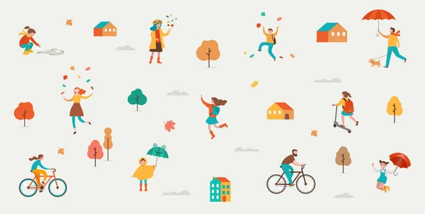 Autumn, fall scene with various cute people, families and children having fun, playing with autumn leaves and jumping with an umbrellas. Crowd of tiny men, children and women under rain. — Stock Vector