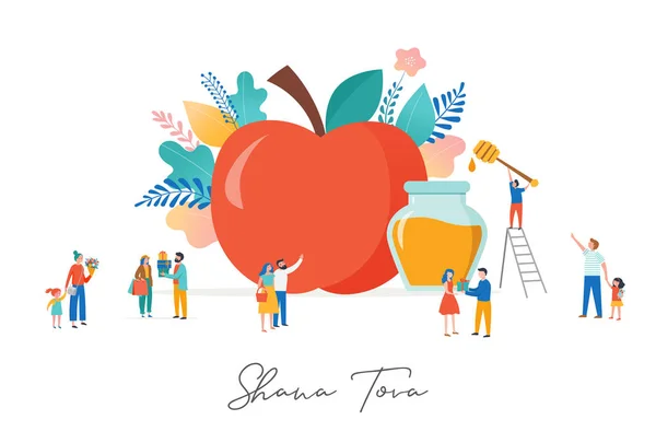 Rosh Hashana, joodse feestdag, Nieuwjaar scène met een appel, kleine varios mensen, mannen, kinderen en vrouwen geven geschenken, holding bloem, het eten van appels met honing. Platte cartoon vector illustratie voor Joodse — Stockvector