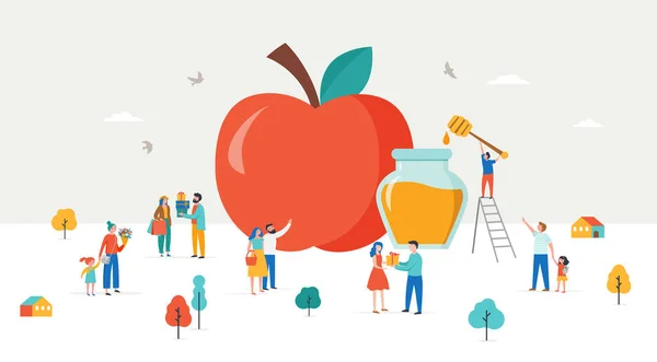 Rosh Hashana, żydowskie święto, nowy rok sceny z jabłkiem, maleńkich VARIOS ludzi, mężczyzn, dzieci i kobiet dając prezenty, trzymając kwiat, jedzenia jabłek z miodem. Płaska ilustracja wektorowa z kreskówek dla Żydów — Wektor stockowy