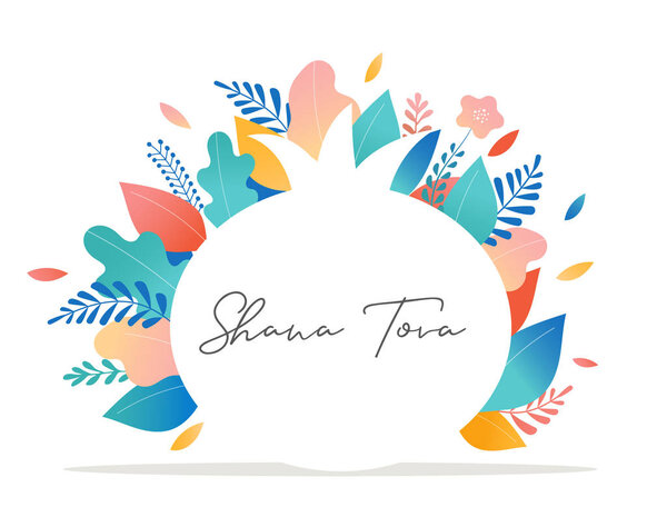 Rosh Hashana, Jewish holiday, New year scene with an apple, honey, flowers and leaves. Flat cartoon vector illustration for Jewish religious holiday celebration